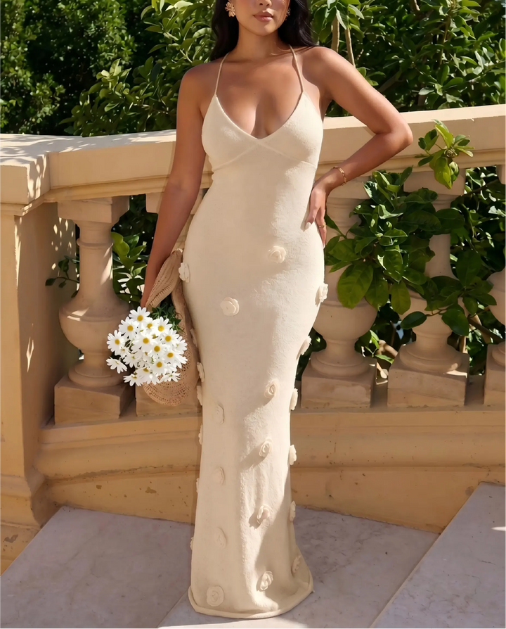 SOLACE  Creamy White Textured Pom Pom Knit Slim Fit Maxi Dress 
