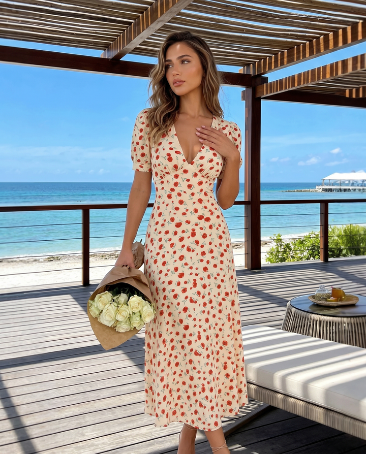 Red Ditsy Floral Deep V Neck Puff Sleeve Midi Dress