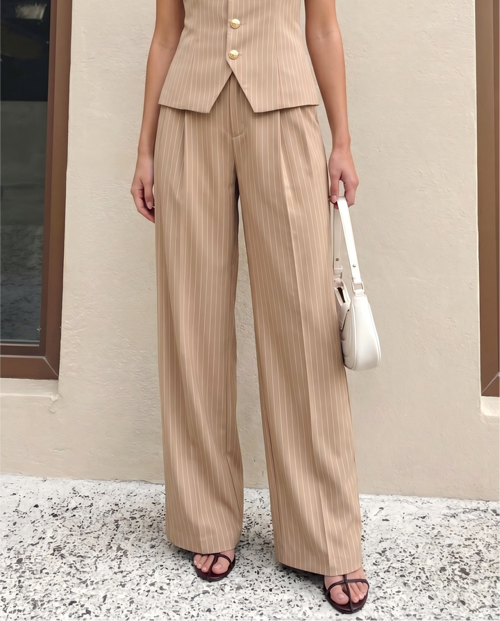 SOLACE  Beige Pinstripe High Waist Pleated Wide Leg Trousers 