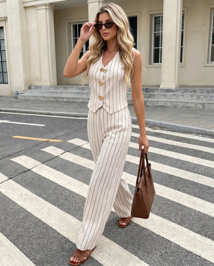 SOLACE  Beige Striped Button Vest and Wide Leg Trouser Two Piece Set 
