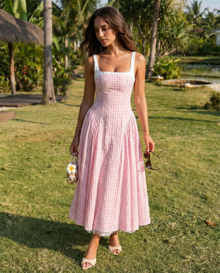 SOLACE  Pink Gingham Lace Trim Midi Dress 