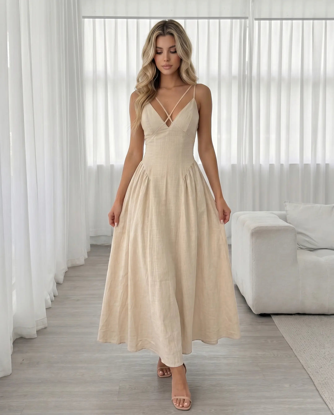 SOLACE  Beige Cross Strap V Neck Maxi Dress 