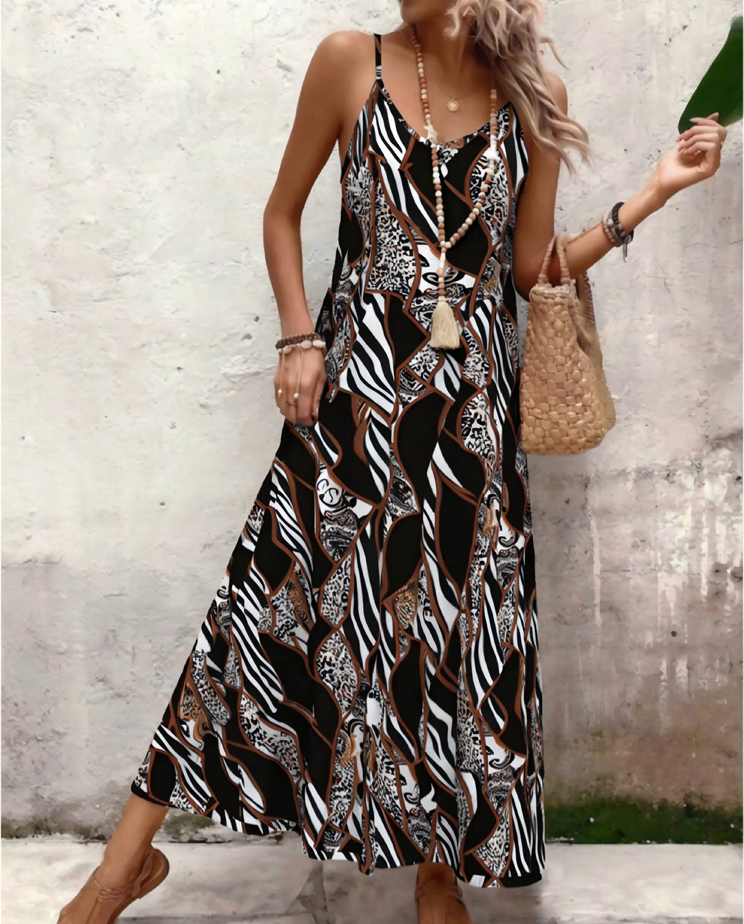 SOLACE  Black Animal Print Spaghetti Strap Maxi Dress 