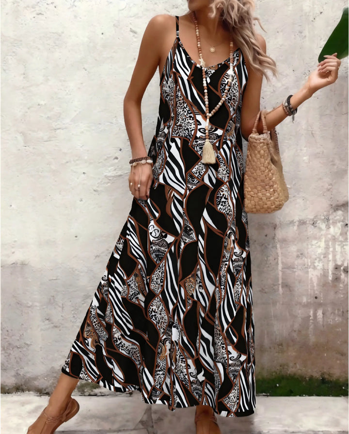 SOLACE  Black Animal Print Spaghetti Strap Maxi Dress 