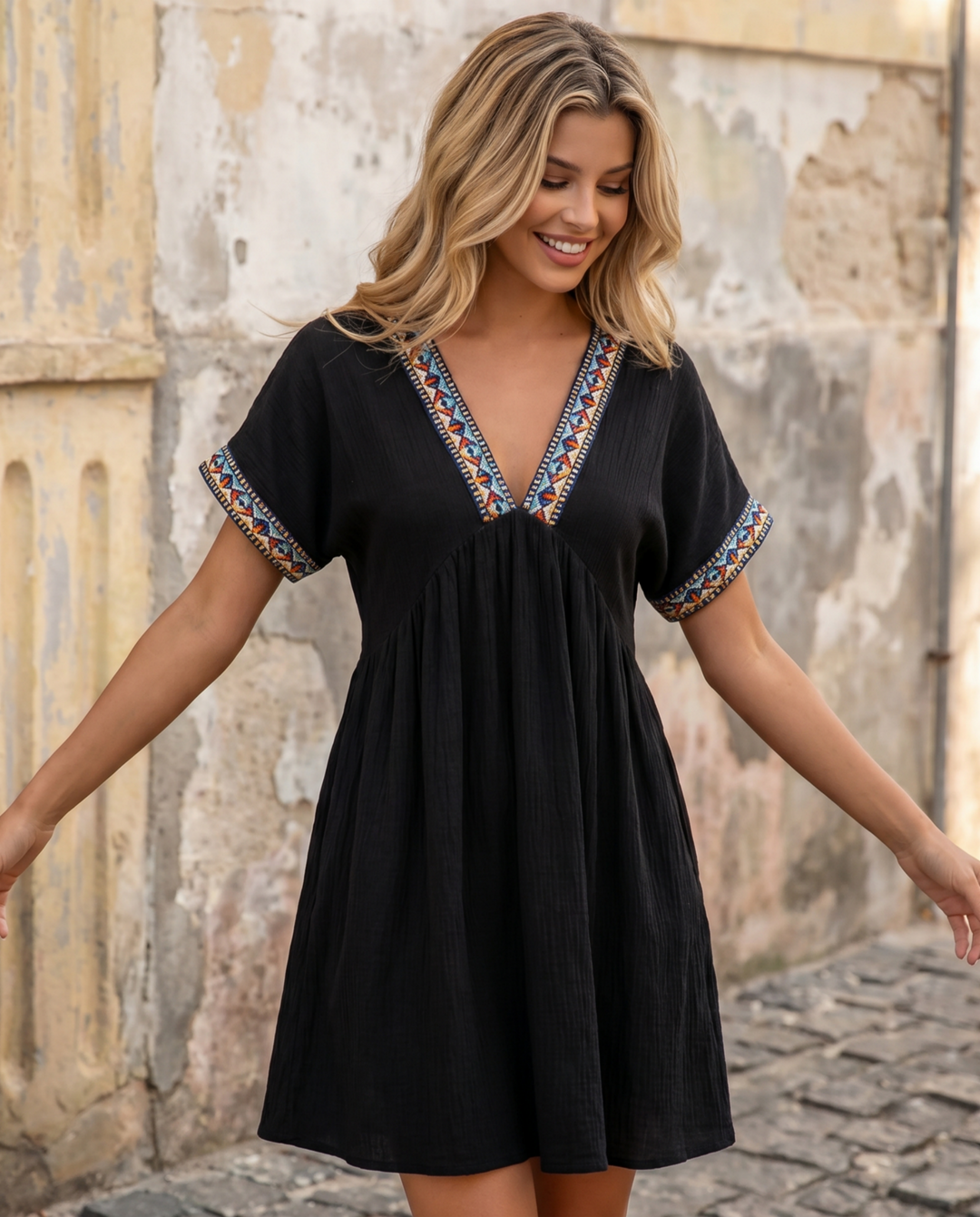 Black Ethnic Embroidered V Neck Short Sleeve Swing Mini Dress
