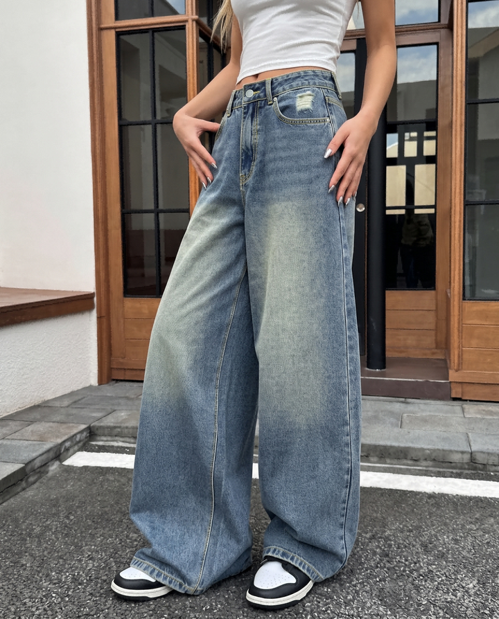 Gradient Washed Distressed Wide Leg Denim Jeans