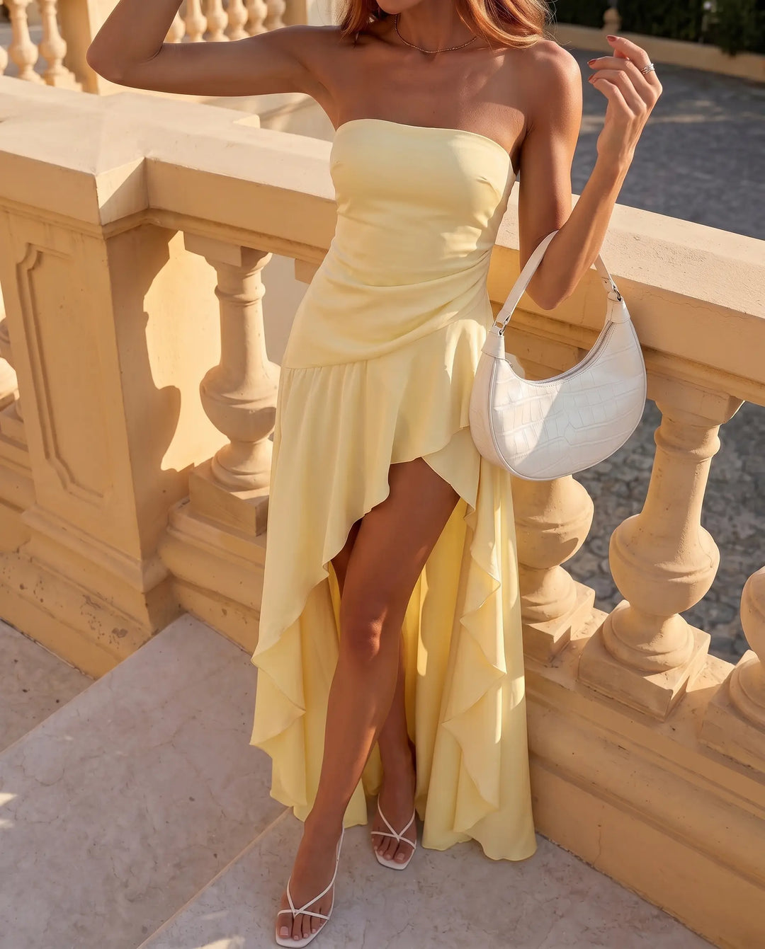 SOLACE  Yellow Draped Satin Slim Fit High-Low Dress 