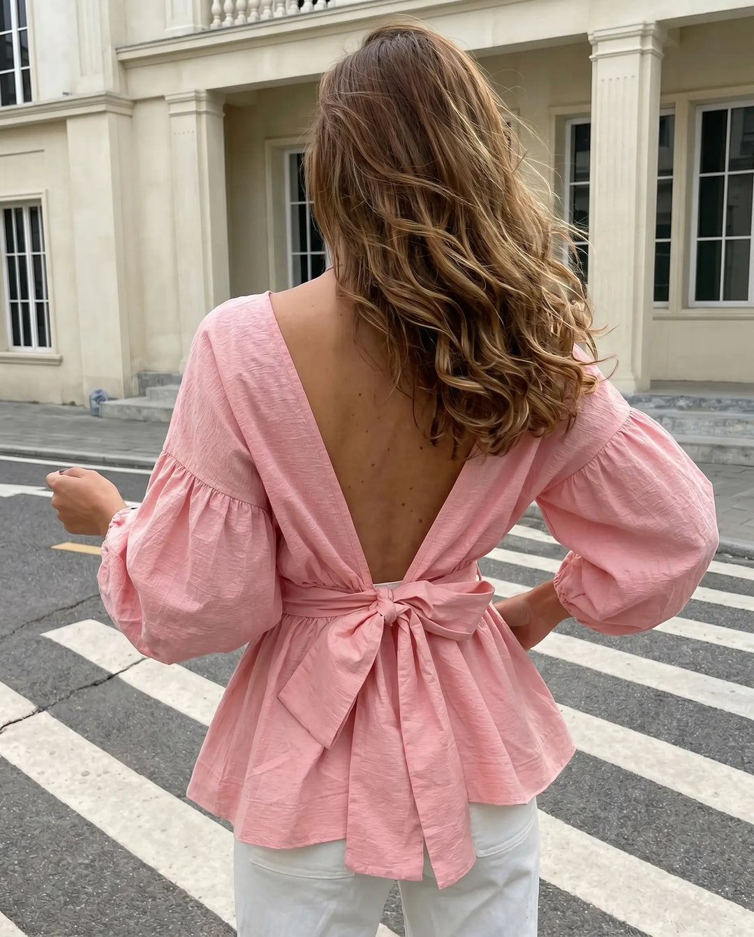 SOLACE  Pink Puff Sleeve Bow Back Peplum Blouse 