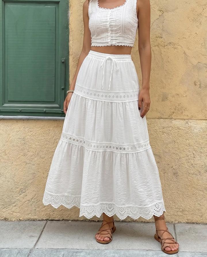 SOLACE  White Lace Trim Tiered Drawstring Waist Maxi Skirt 