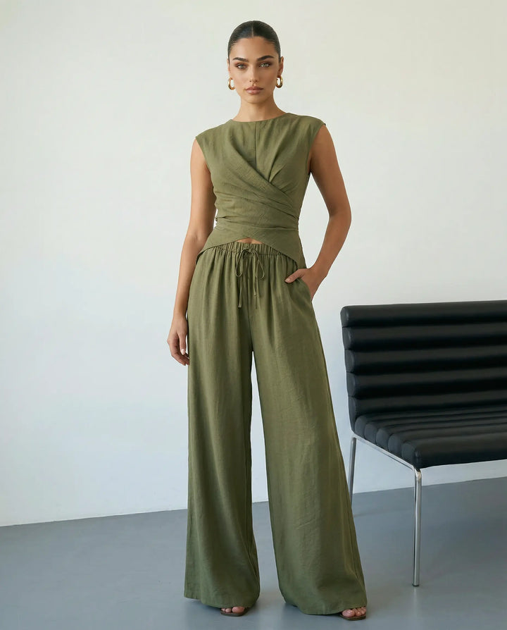SOLACE  Army Green Sleeveless Wrap Top Wide Leg Pants Set 