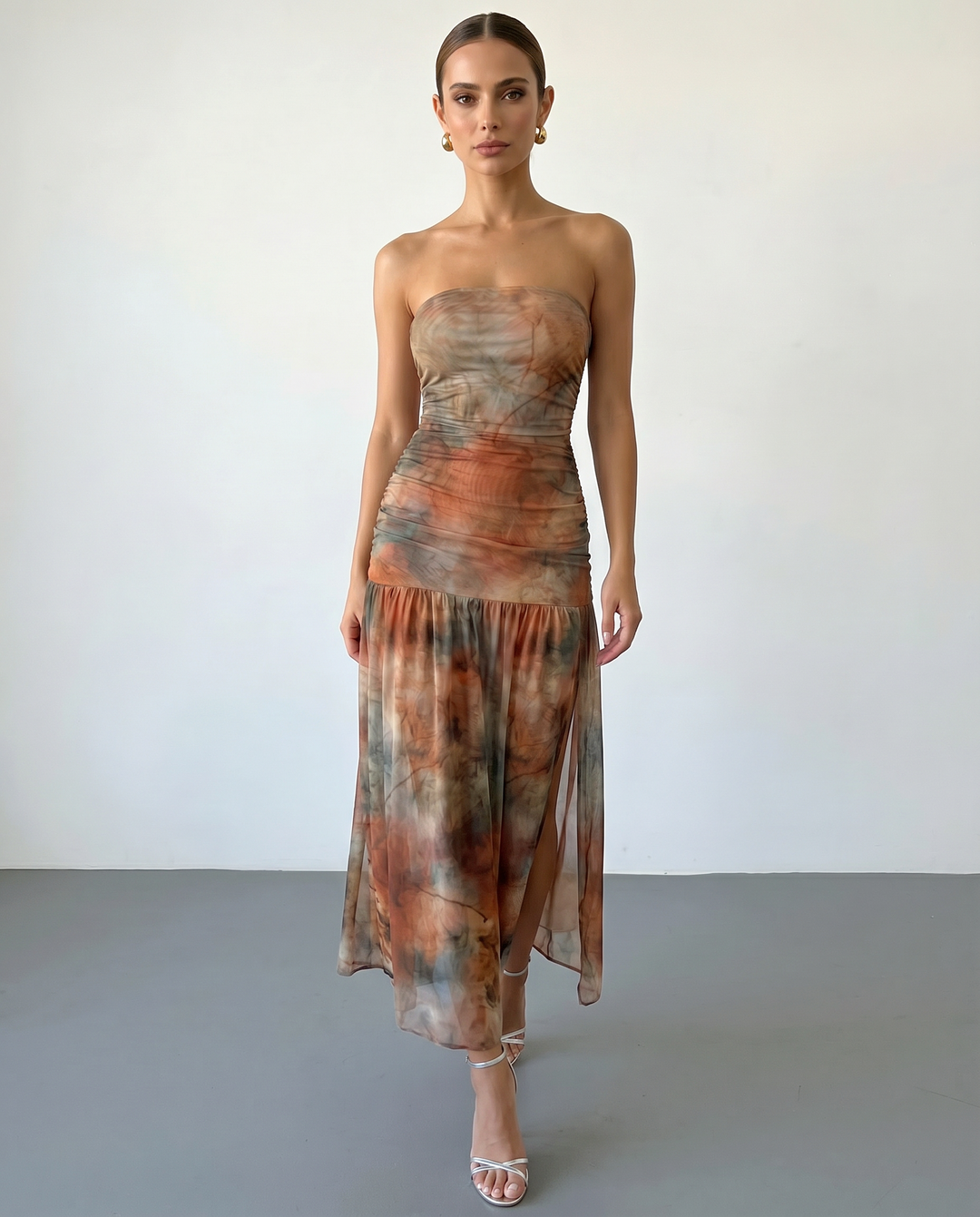 SOLACE  Earth Tone Print Ruched Sheer Mesh Slim Fit Midi Dress 