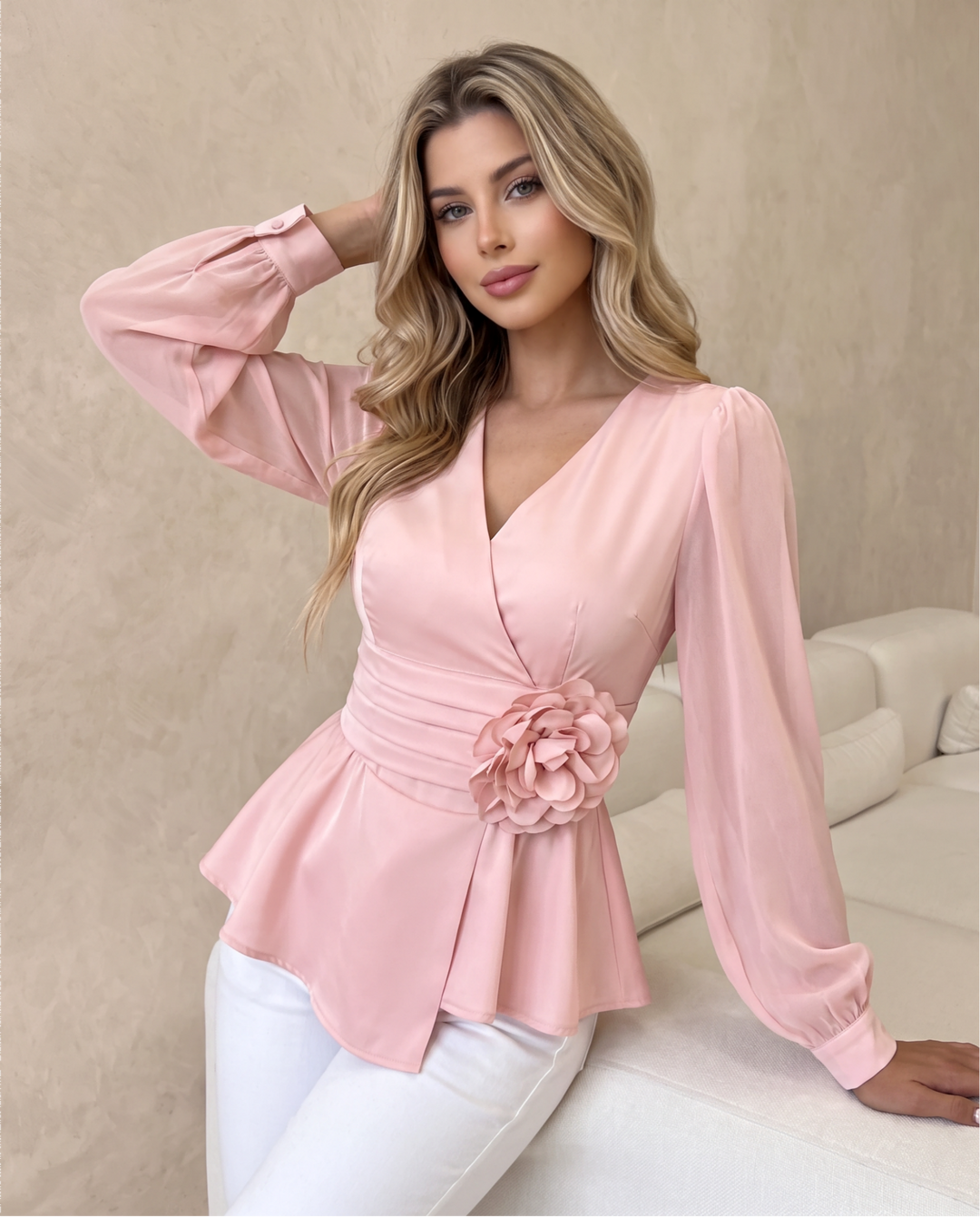 V Neck Floral Decor Puff Sleeve Blouse