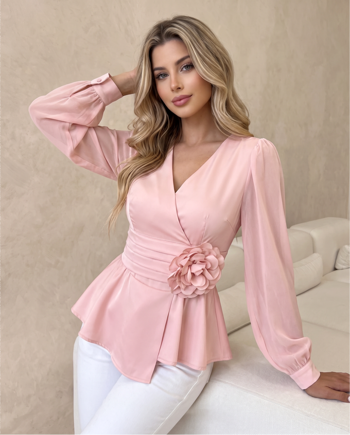 V Neck Floral Decor Puff Sleeve Blouse