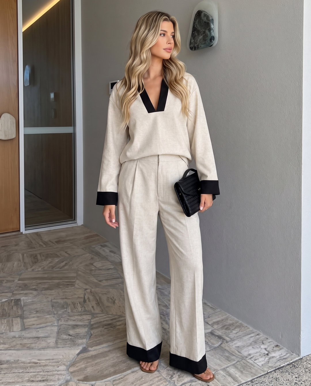 Color Block V Neck Long Sleeve Wide Leg Two Piece Pant Set