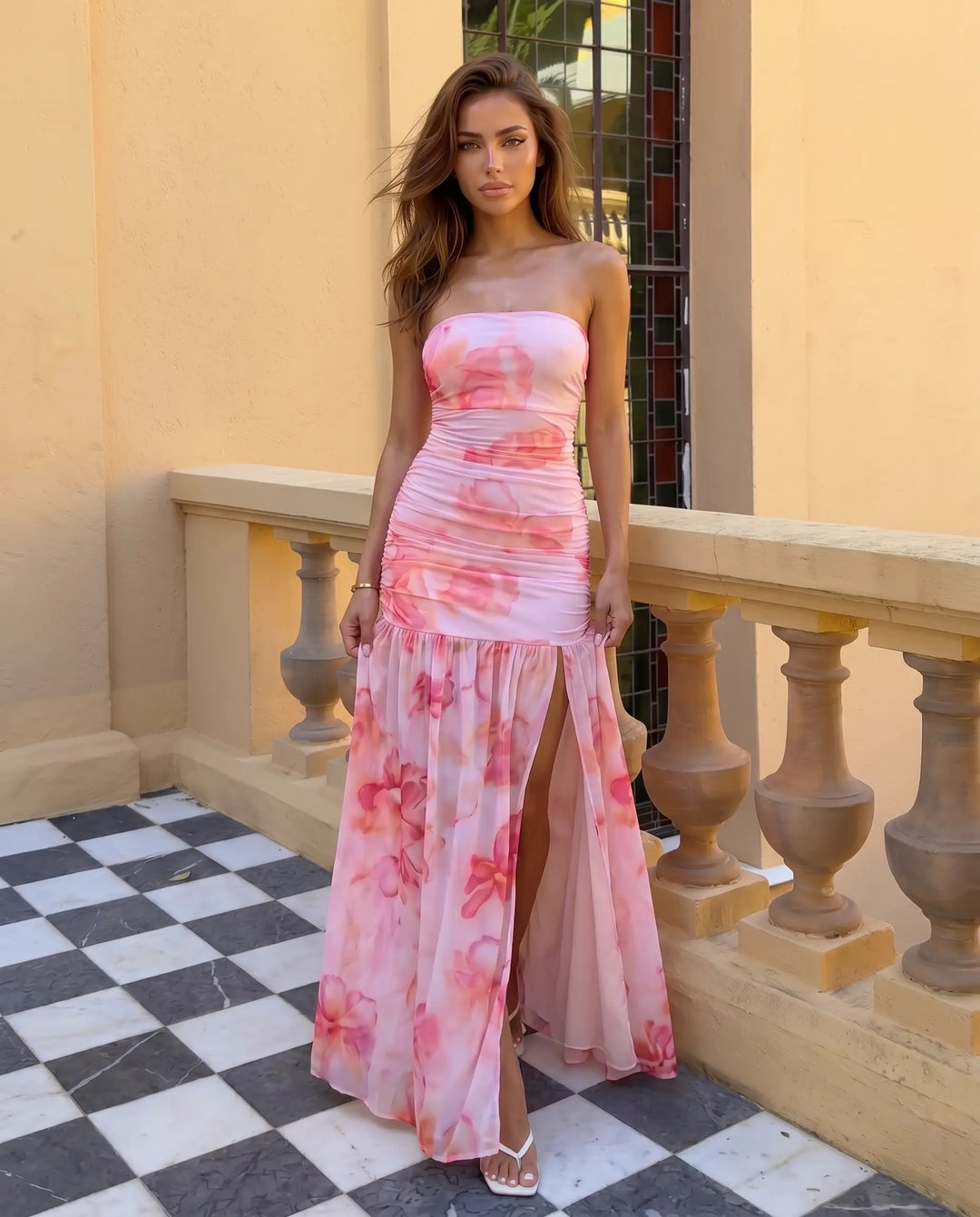 SOLACE  Pink Floral Print Strapless Ruched Maxi Dress 