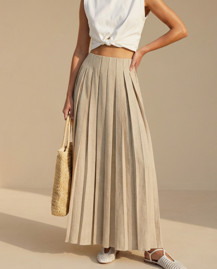 SOLACE  Beige Minimalist Linen Blend Pleated High Waist Maxi Skirt 