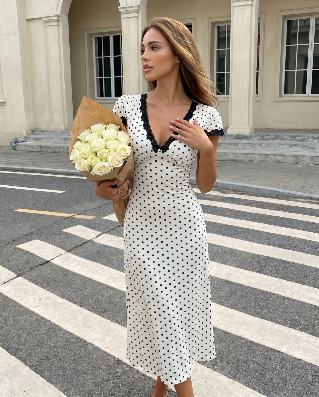 SOLACE  White Polka Dot Lace Trim Midi Dress 
