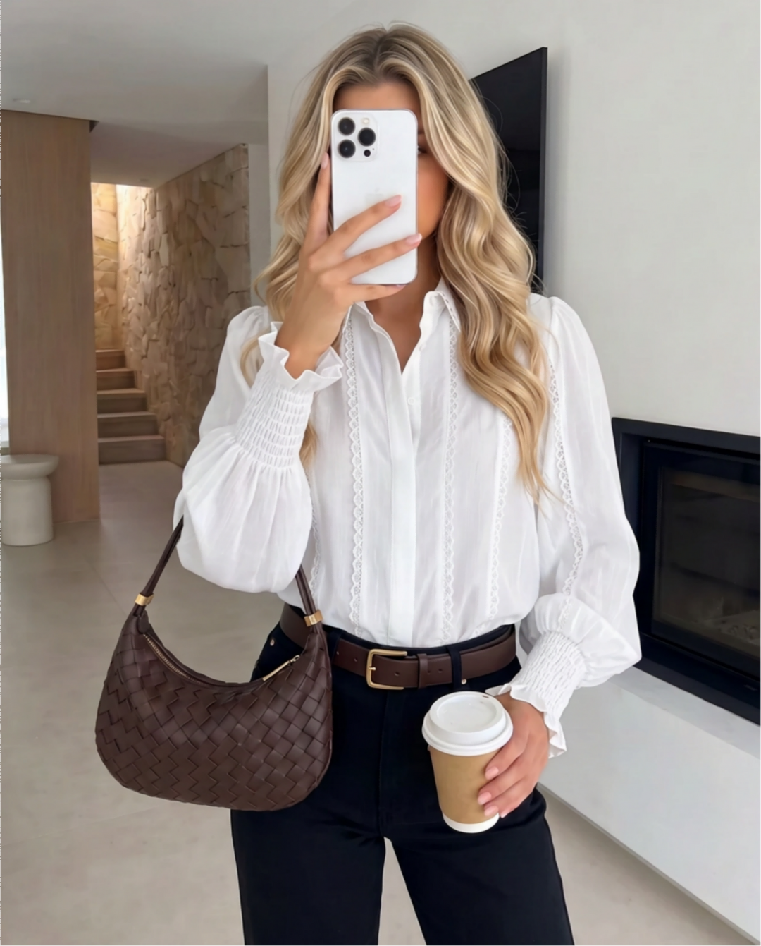 Lace Panel Puff Sleeve Collared Blouse