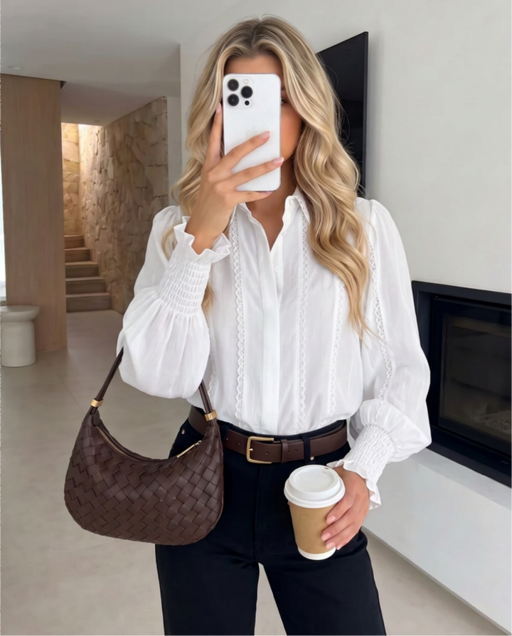 Lace Panel Puff Sleeve Collared Blouse