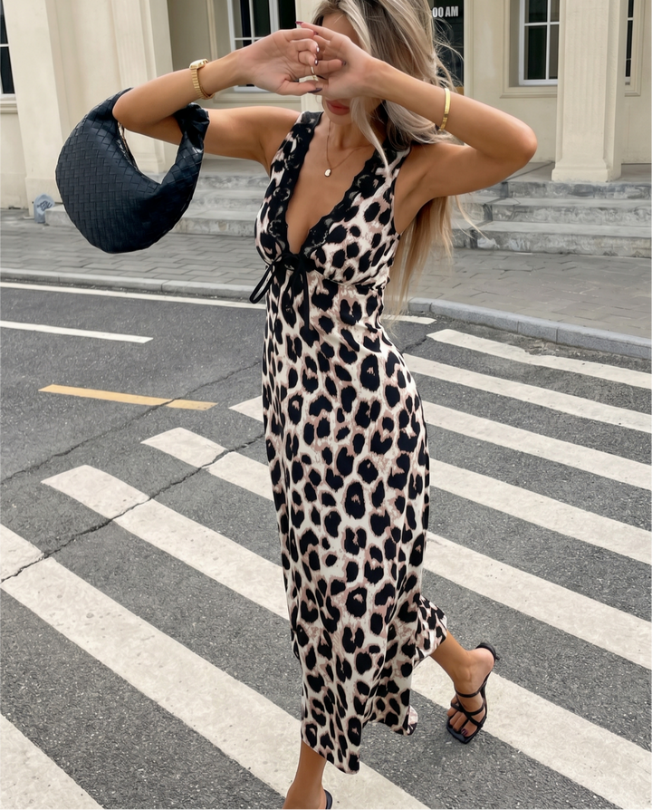 Leopard Print Lace Trim V Neck Sleeveless Midi Dress