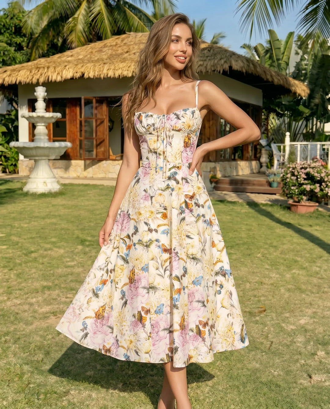 SOLACE  Floral Print Spaghetti Strap Corset Midi Dress 