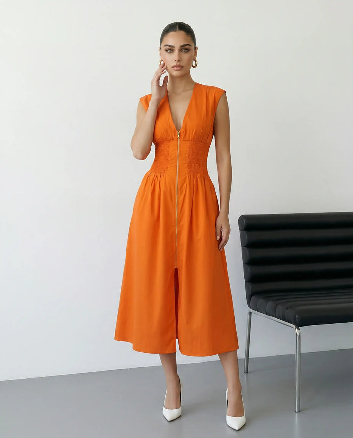 SOLACE  Orange V Neck Sleeveless Smocked Waist Midi Dress 