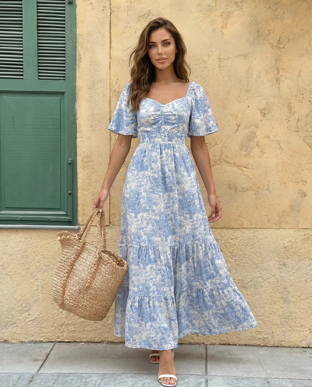 SOLACE  Blue Toile De Jouy Print Puff Sleeve Tiered Maxi Dress 