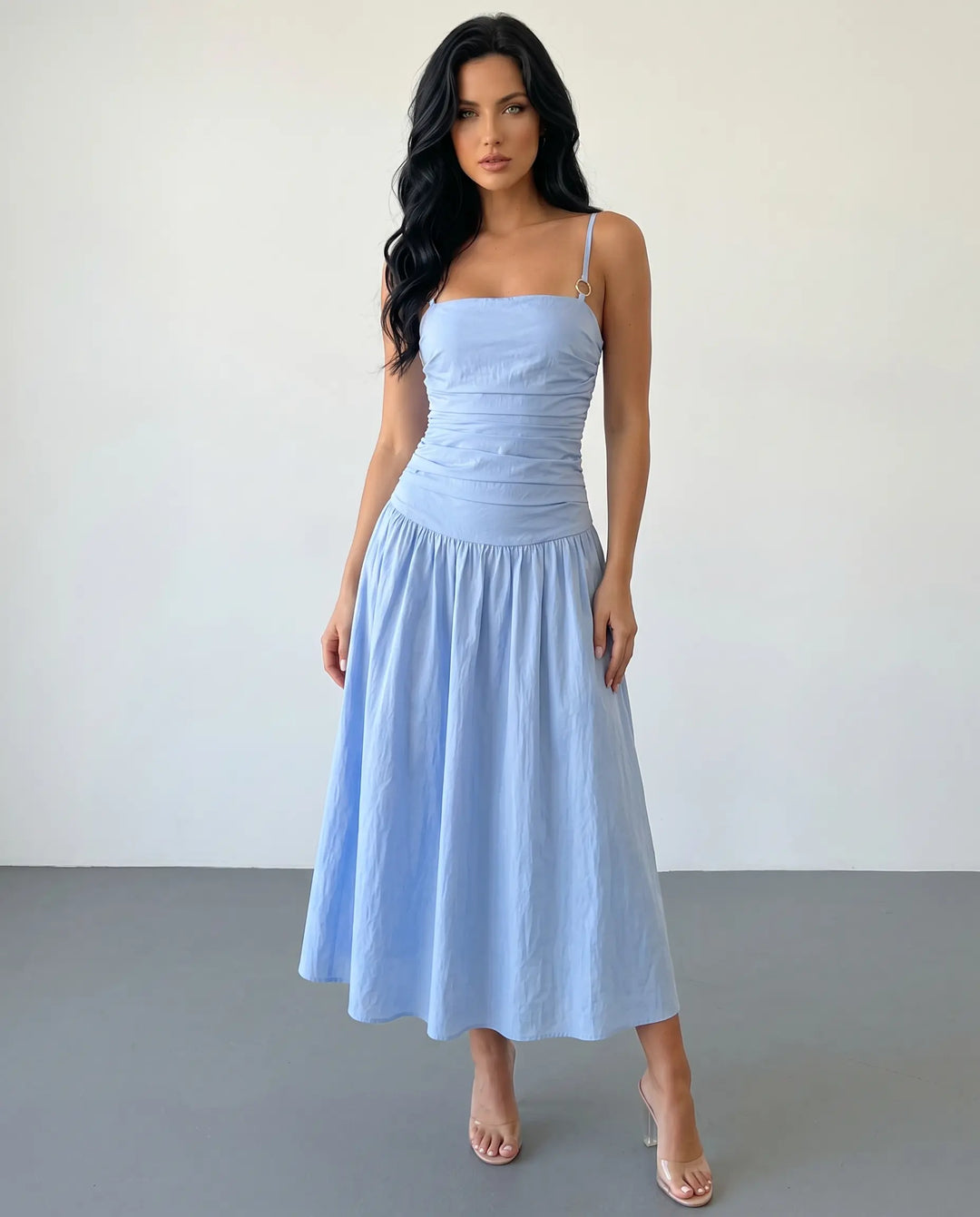 SOLACE  Light Blue Ruched Spaghetti Strap Midi Dress 