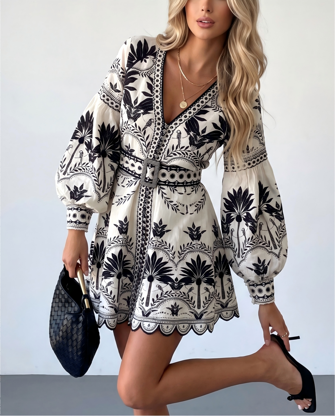 V‑Neck Plant Print Puff Sleeve Mini Dress
