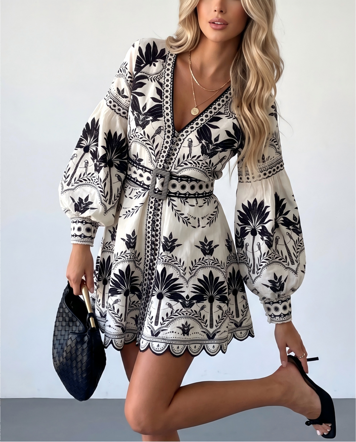 V‑Neck Plant Print Puff Sleeve Mini Dress