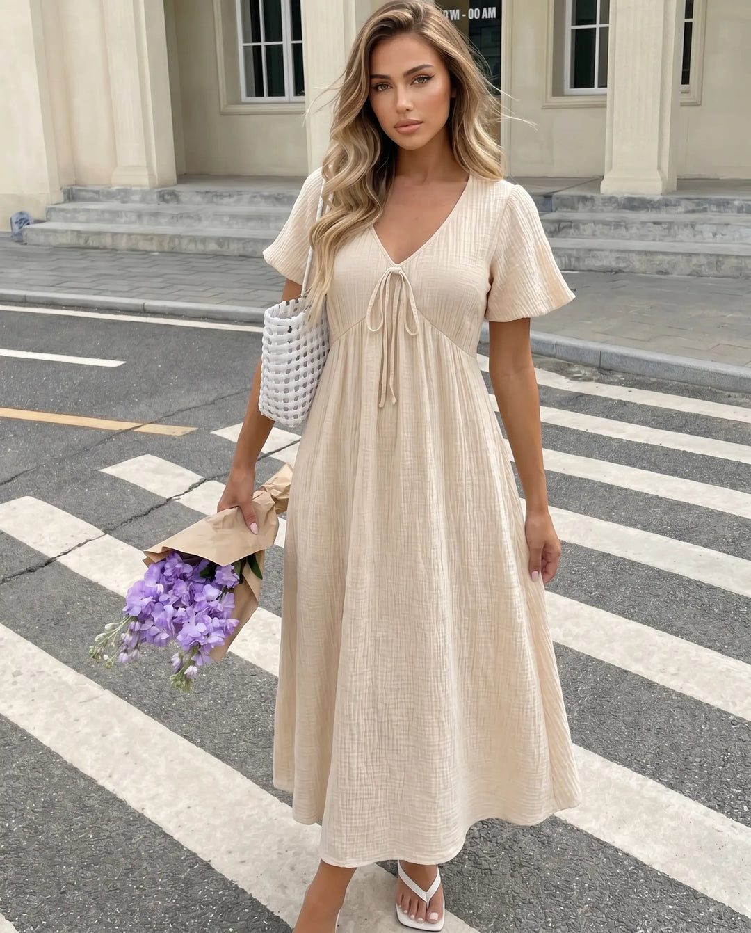 SOLACE  Beige Tie Front Textured Fabric Relaxed Midi Dress 
