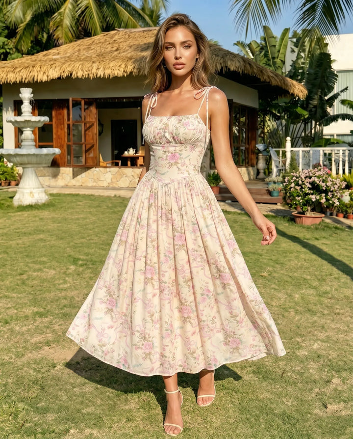 SOLACE  Pink Floral Print Tie Strap Corset Midi Dress 