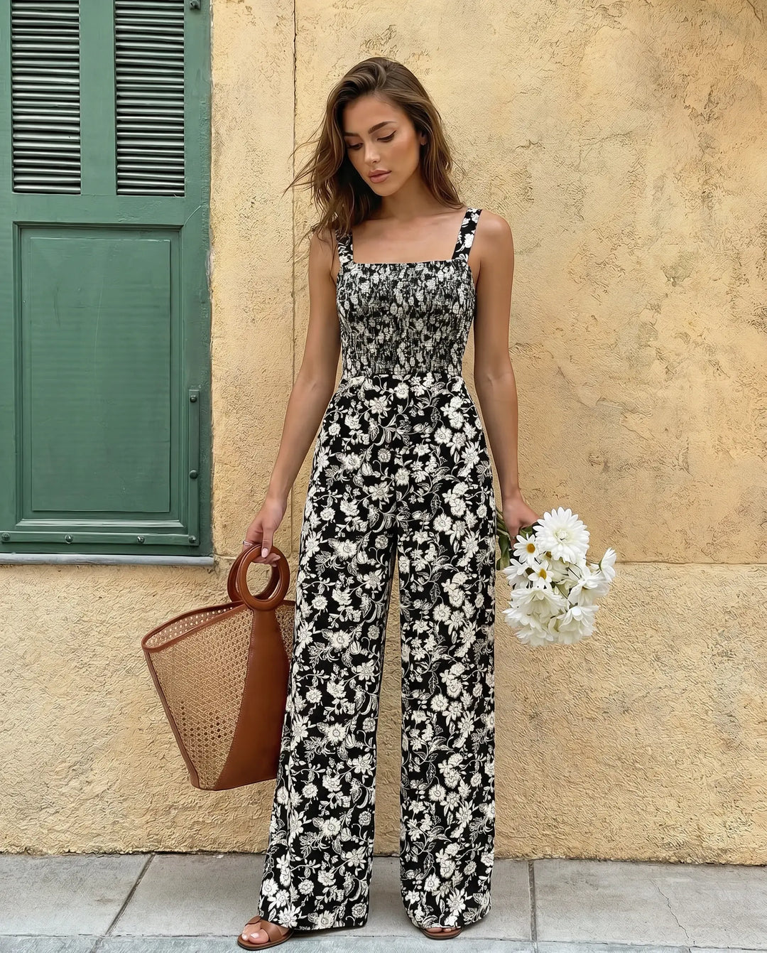 SOLACE  Floral Print Square Neck Smocked Wide Leg Jumpsuit 
