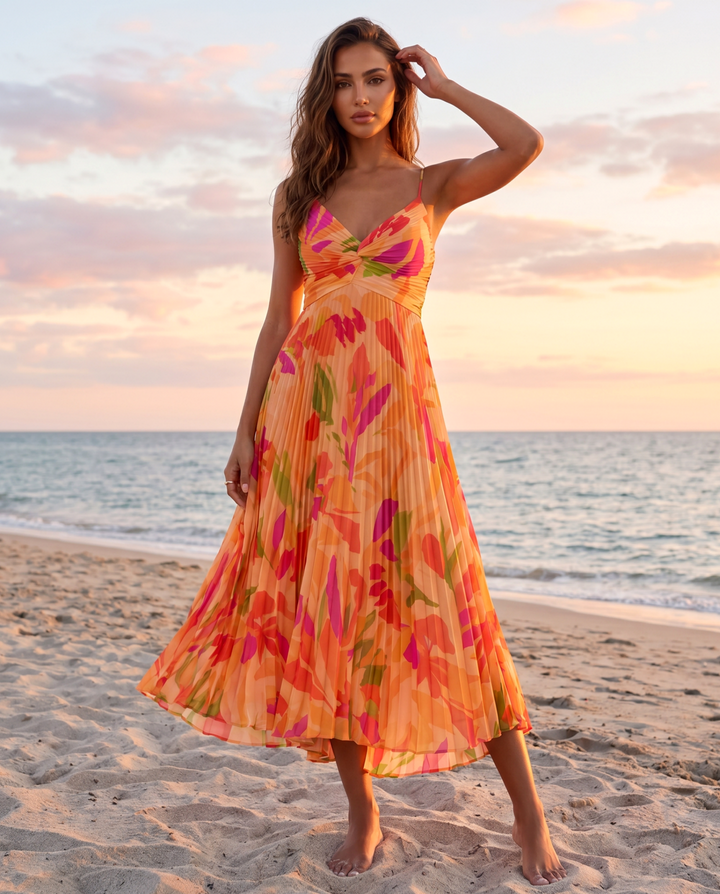 Orange Tropical Print Twisted V Neck Pleated Midi Dress