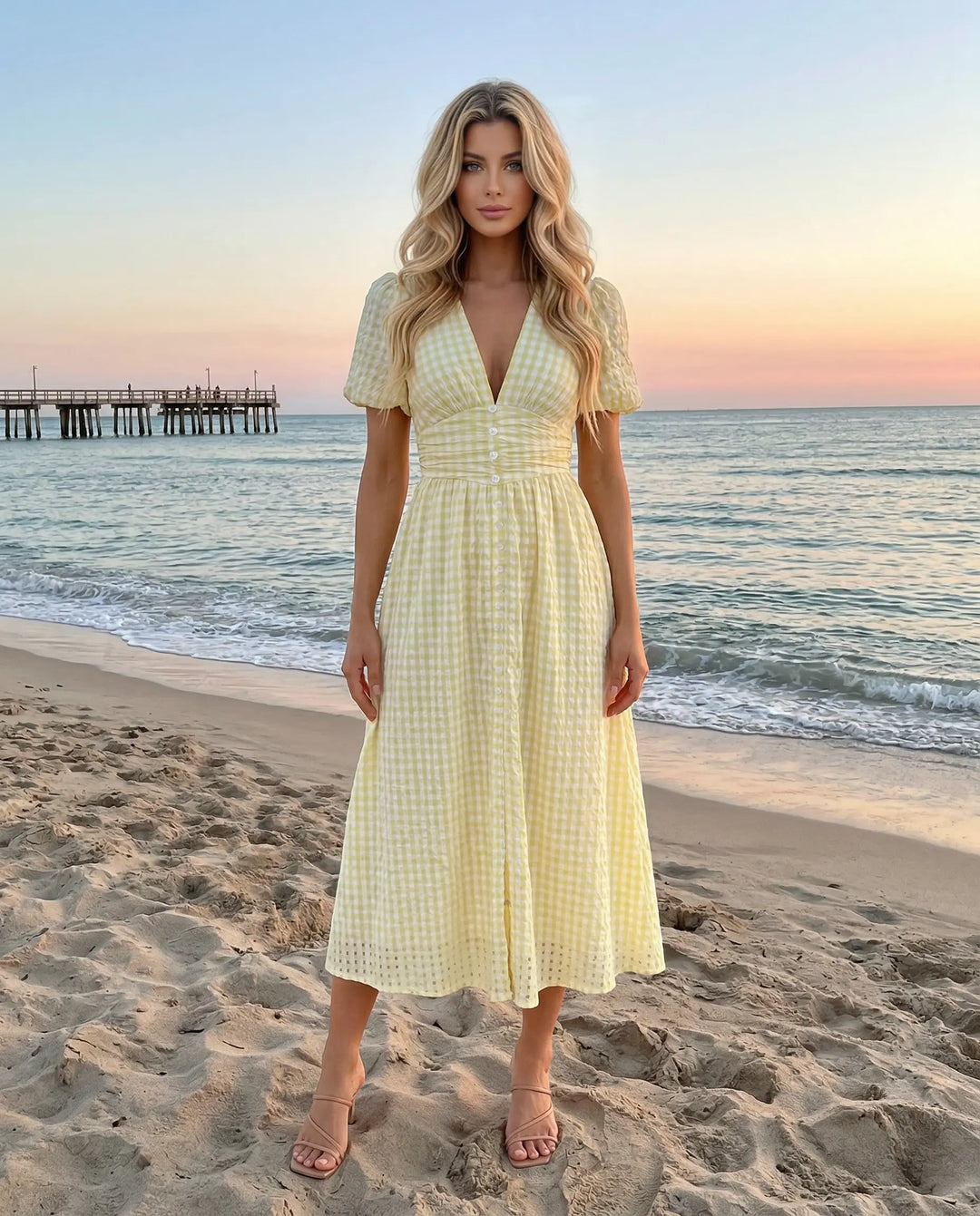 SOLACE  Yellow Gingham Print Puff Sleeve V-Neck Midi Dress 