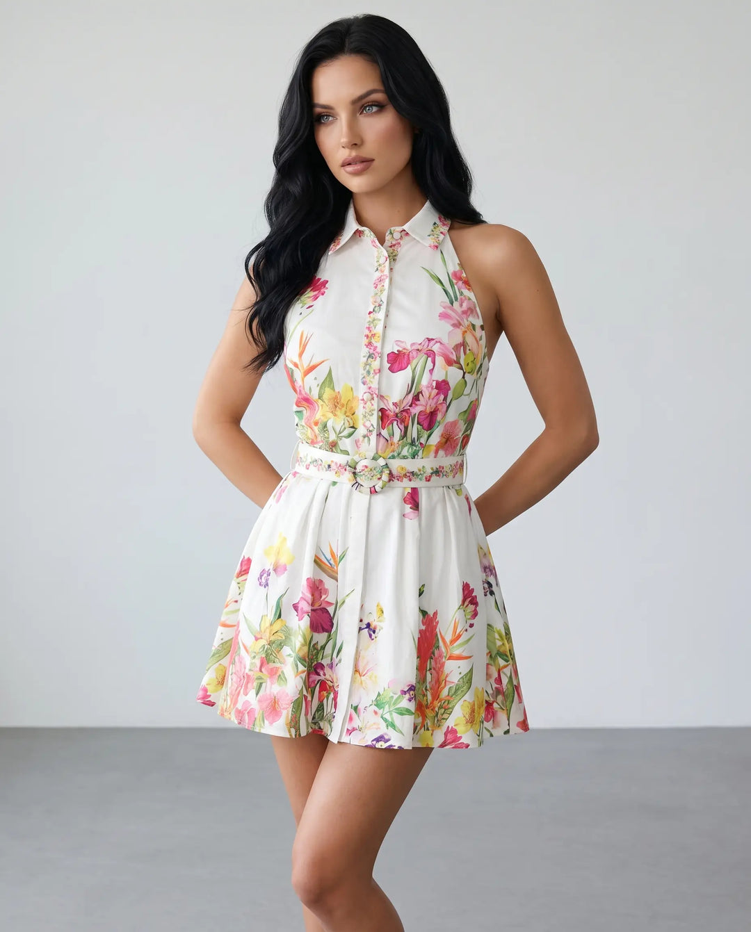 SOLACE  White Floral Printed Button Up Sleeveless Mini Shirt Dress 