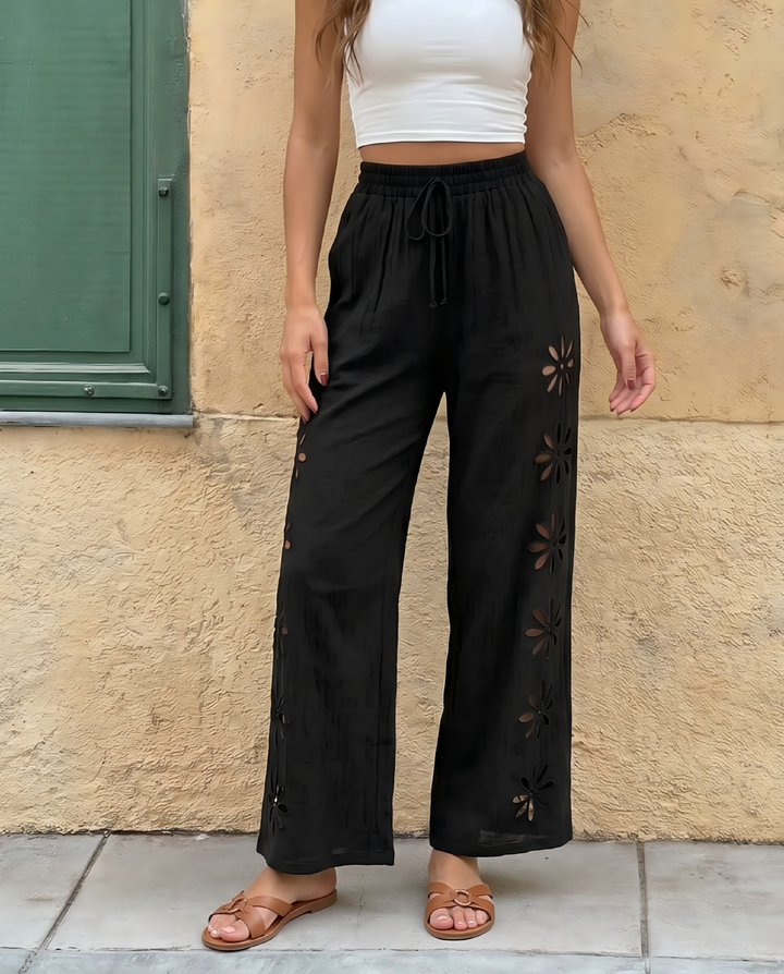 Black Floral Cutout Wide Leg Casual Pants