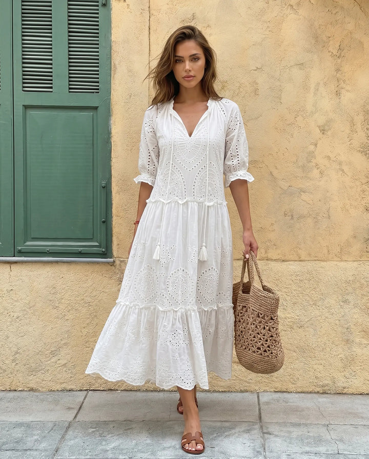 SOLACE  White Eyelet Embroidery V-Neck Tiered Midi Dress 