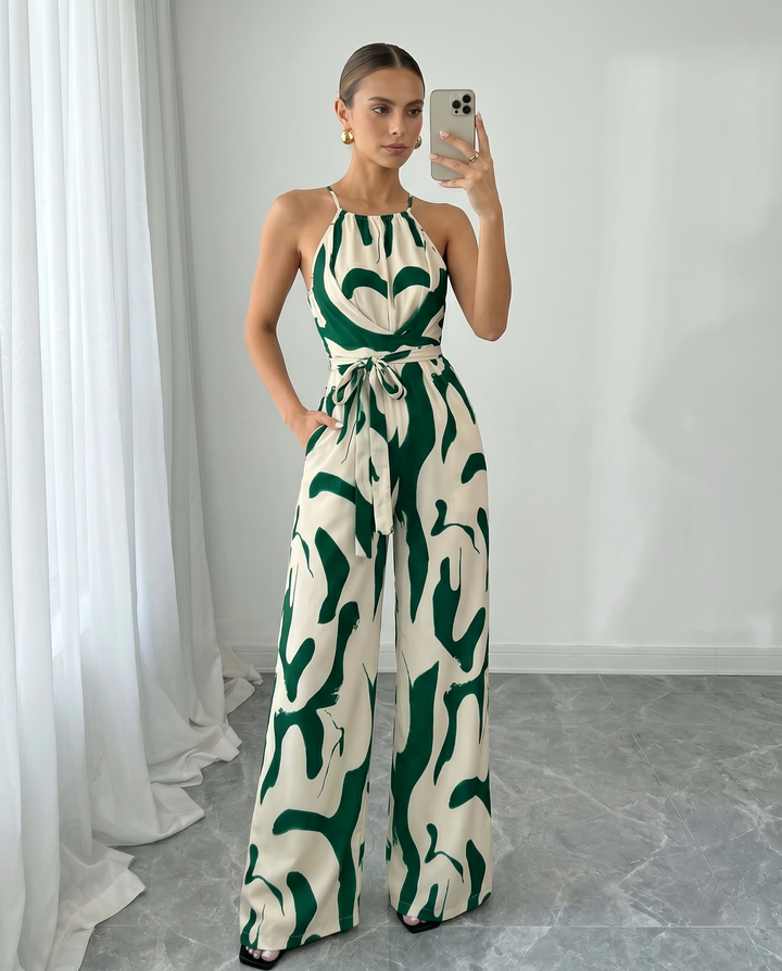 SOLACE  Halter Neck Abstract Print Wide Leg Jumpsuit 