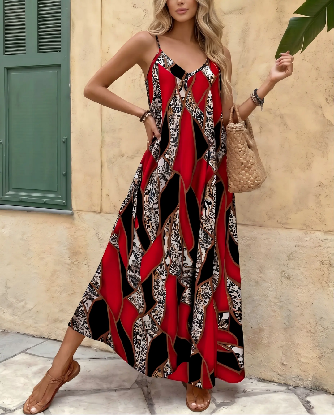 SOLACE  Leopard Print V Neck Spaghetti Strap Maxi Dress 