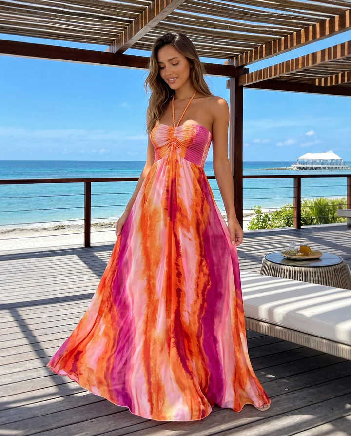 Orange Tie Dye Halter Smocked Bust Flowy Maxi Dress