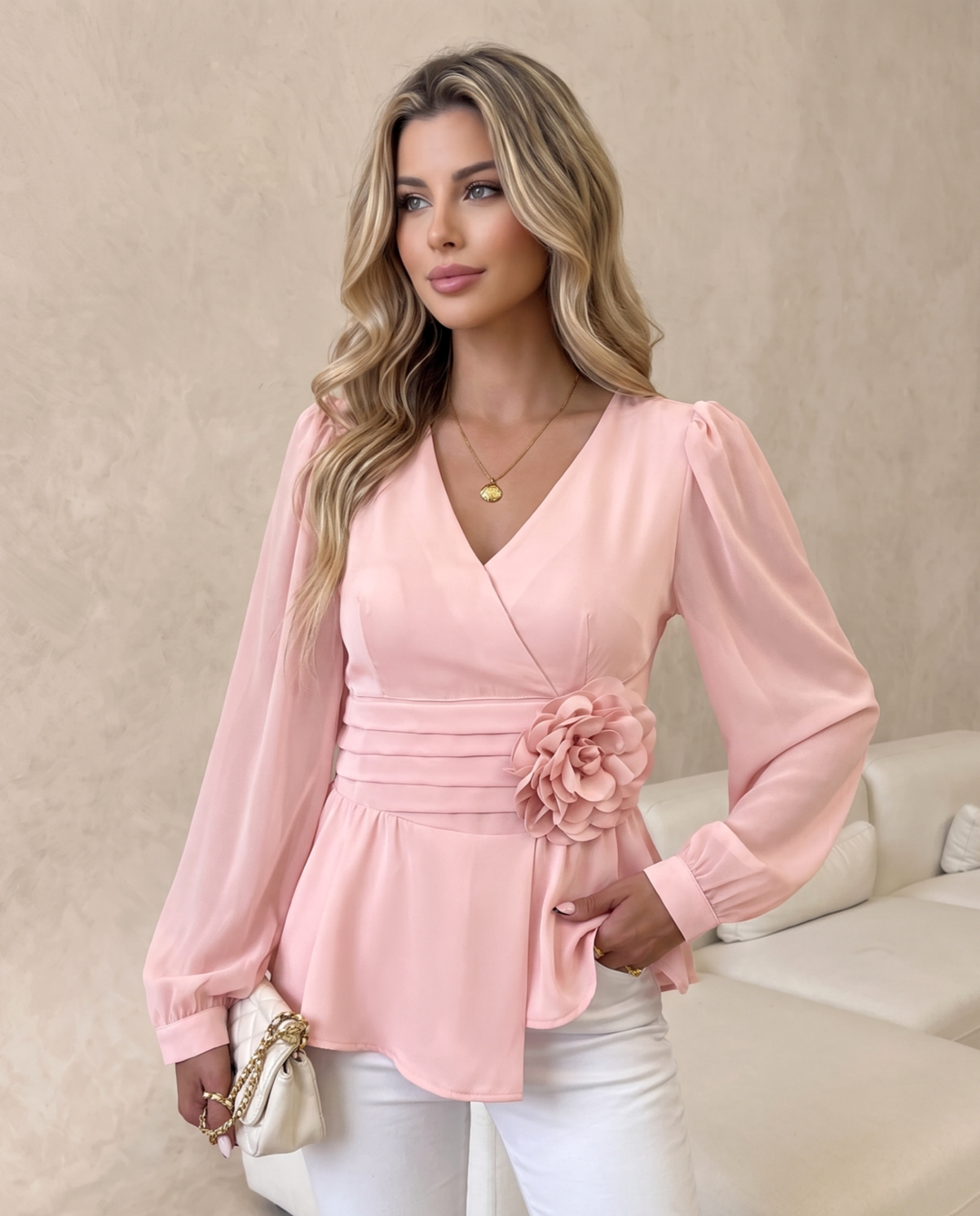 V Neck Floral Decor Puff Sleeve Blouse