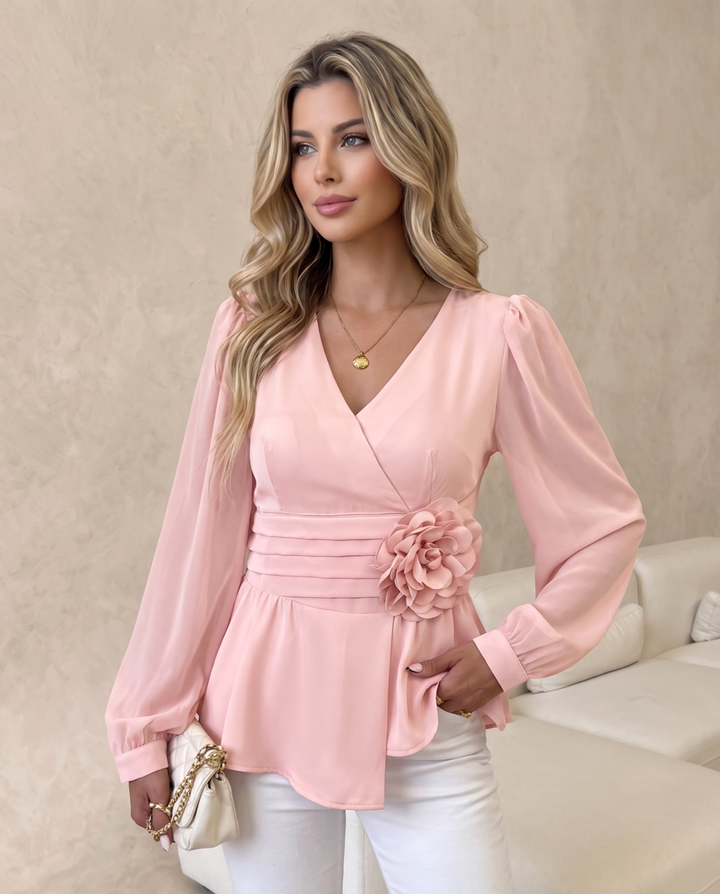 V Neck Floral Decor Puff Sleeve Blouse