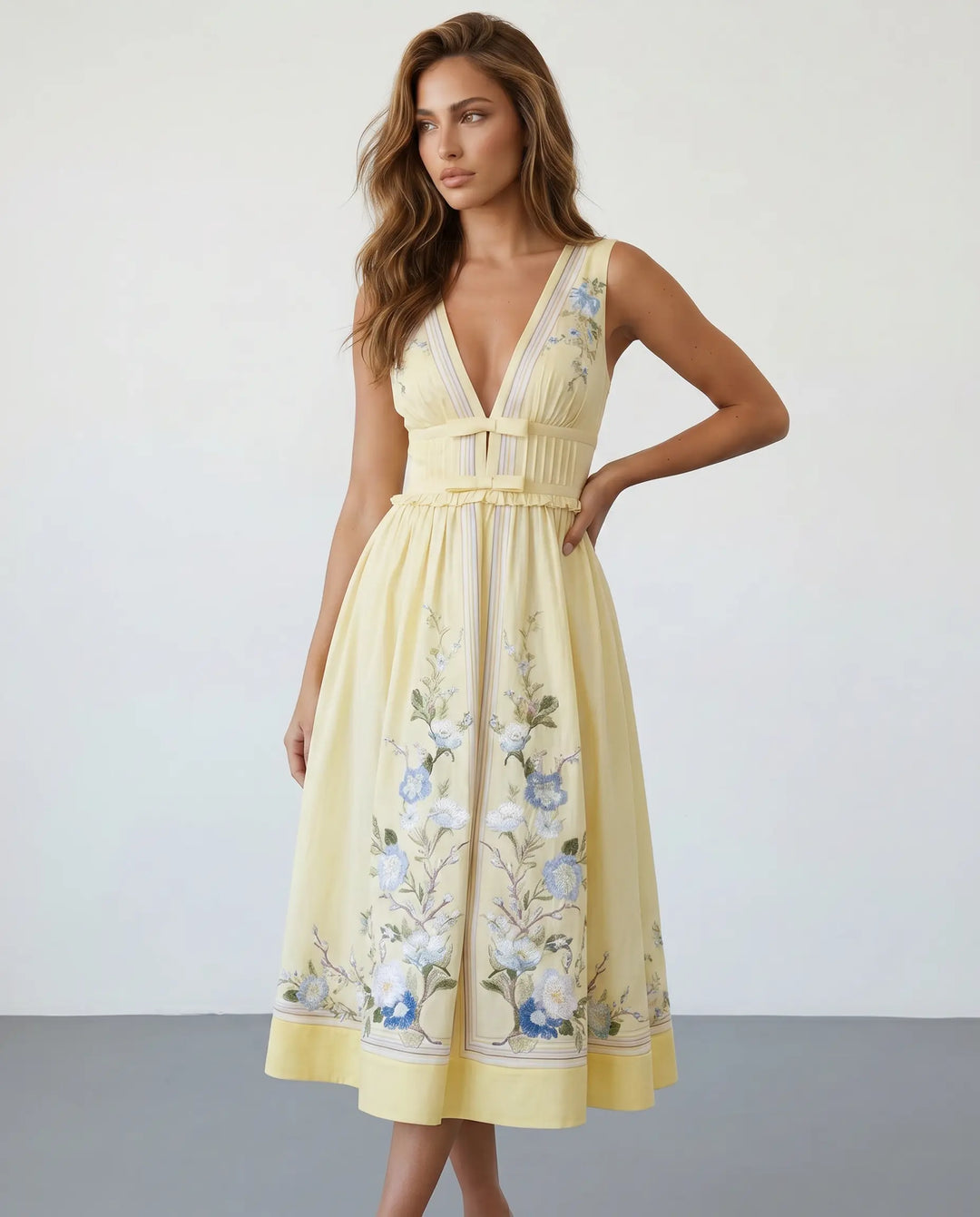 SOLACE  Yellow Floral Embroidery V-Neck Midi Dress 