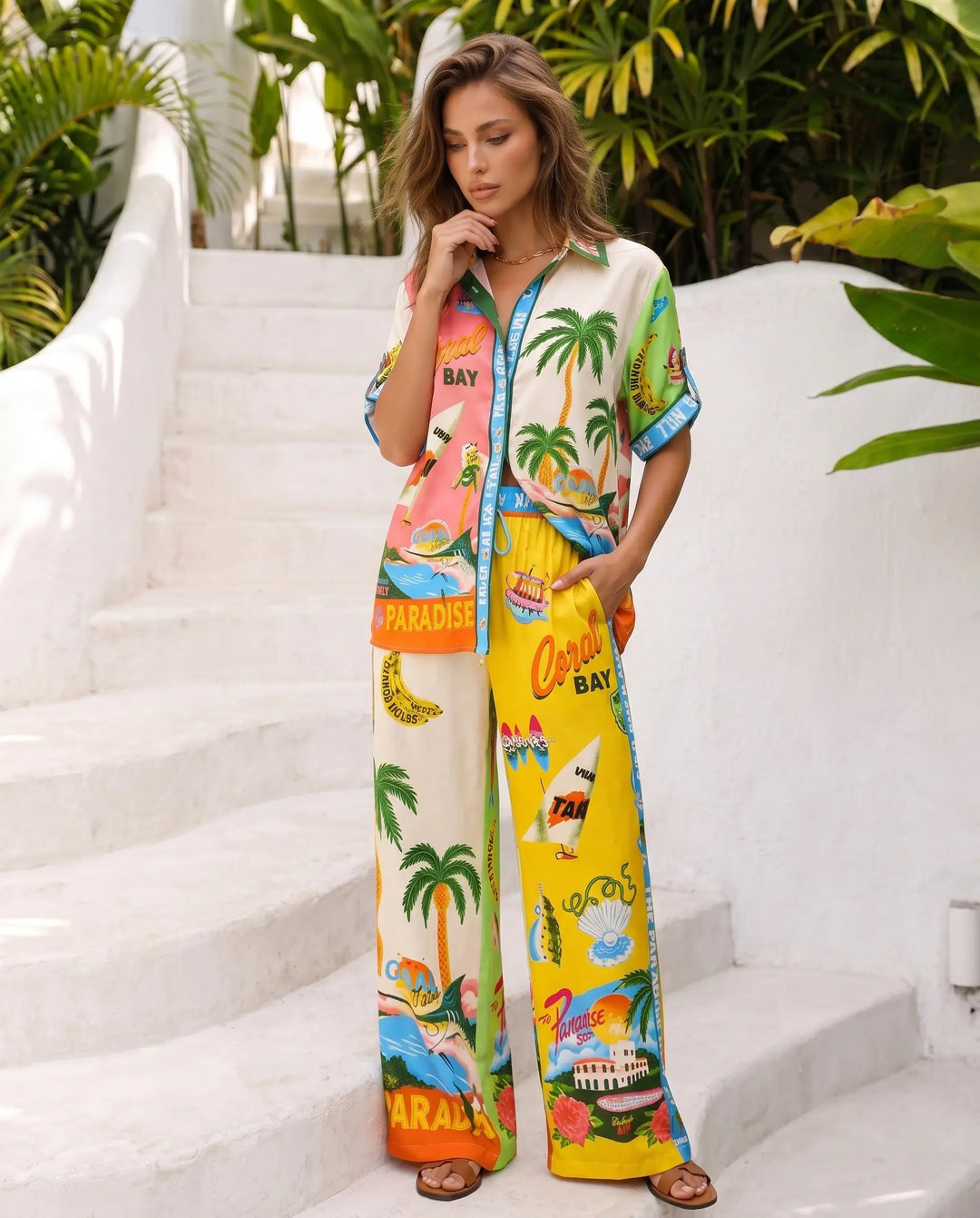SOLACE  Tropical Print Short Sleeve Shirt and Wide Leg Pants Set 