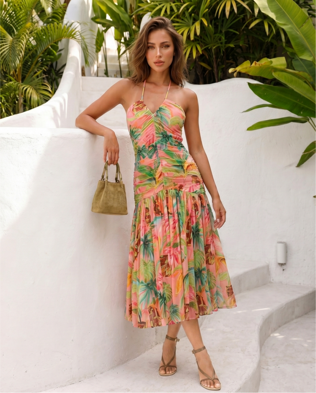 SOLACE  Pink Tropical Palm Print Halter Midi Dress 