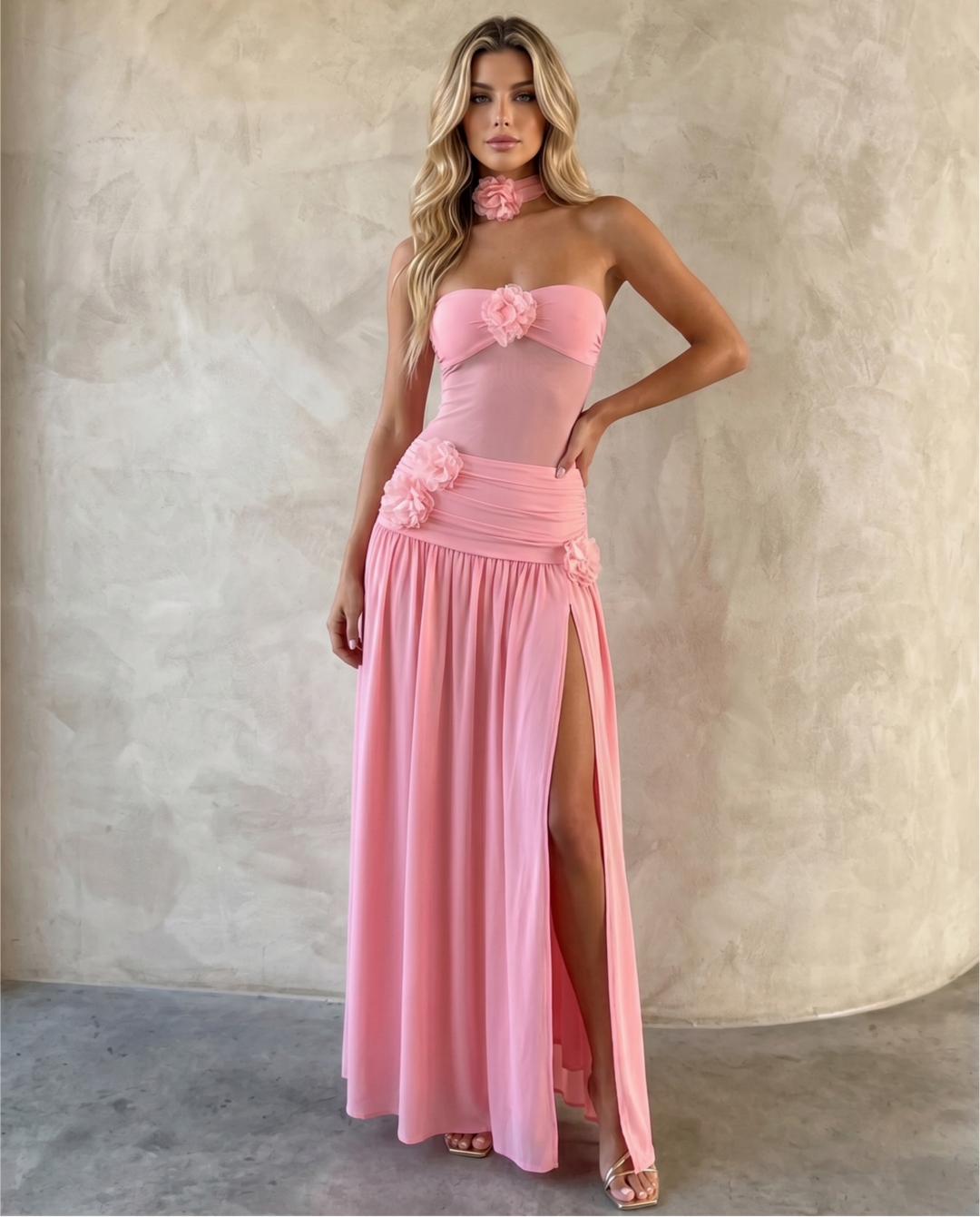 SOLACE  Pink Floral Choker Strapless High Slit Maxi Dress 
