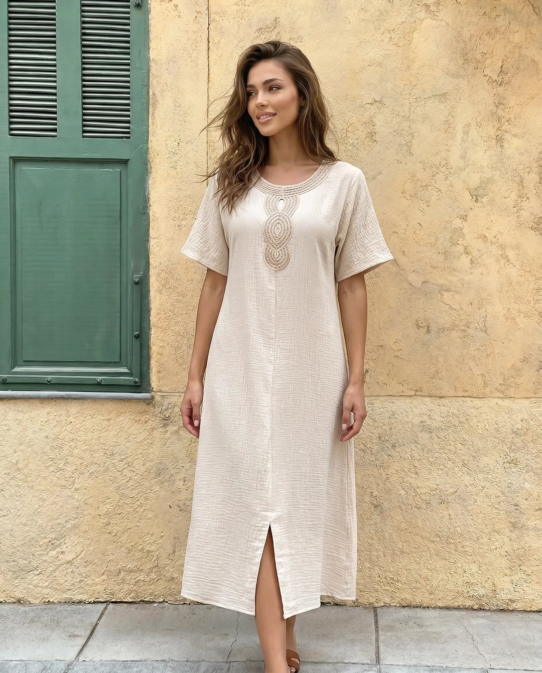 SOLACE  Beige Cotton Embroidery Neckline Midi Dress 