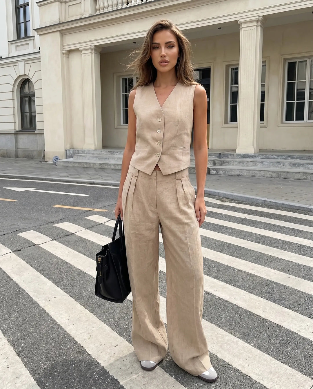 SOLACE  Beige Linen Blend Waistcoat Wide Leg Pants Set 