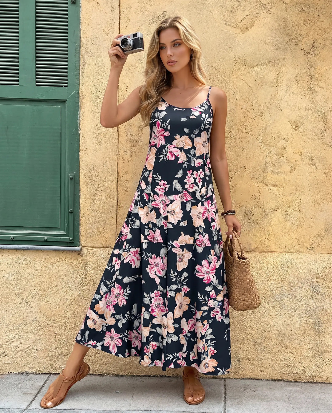 SOLACE  Dark Floral Print V-Neck Spaghetti Strap Maxi Dress 